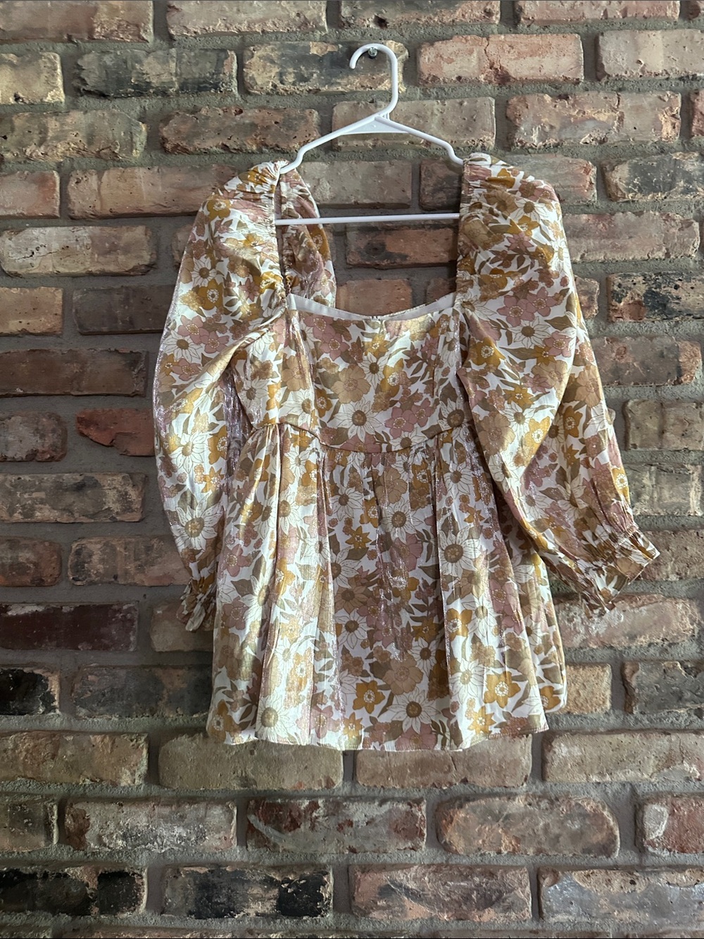 Square-Neck Floral Puff Sleeve Blouse in Mustard and Cream